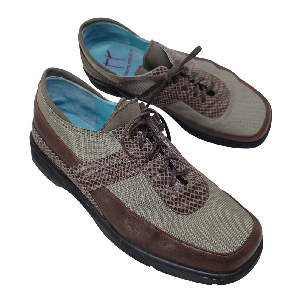 Thierry Rabotin Brown Leather Mesh Snakeskin Oxfords Flats Made in Italy 39.5